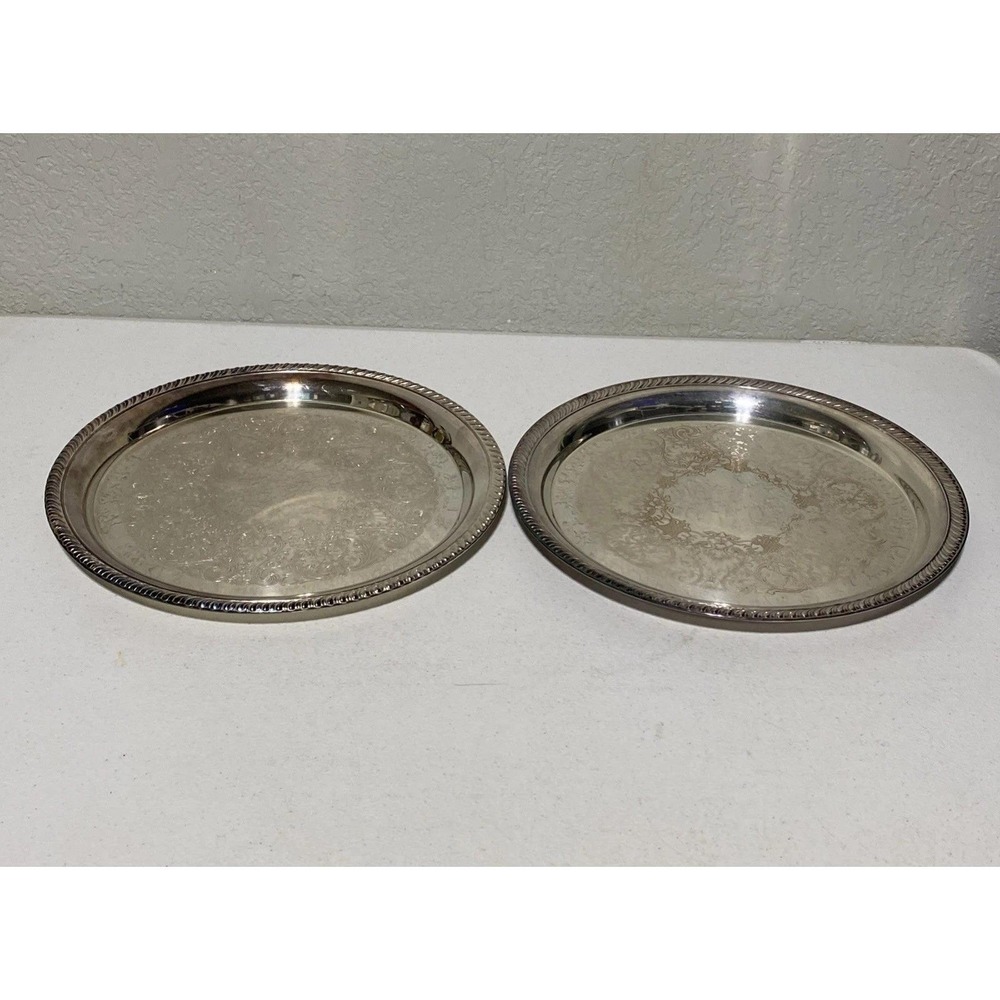 VTG Wm Rogers Silverplate Serving Trays Set of 2 161 171 Round Floral Scroll 12"